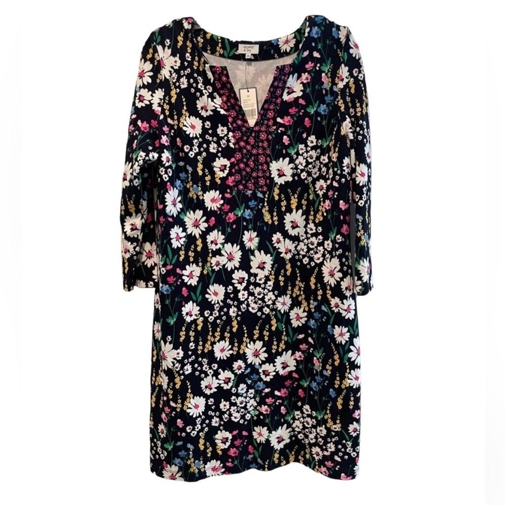 Crown & Ivy Navy Floral Garden Party V Neck 3/4 Sleeve Shift Dress Medium NWT